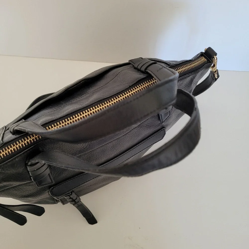 Cole Haan Black Leather Satchel Crossbody Bag Gold Hardware Braided Zip Pull